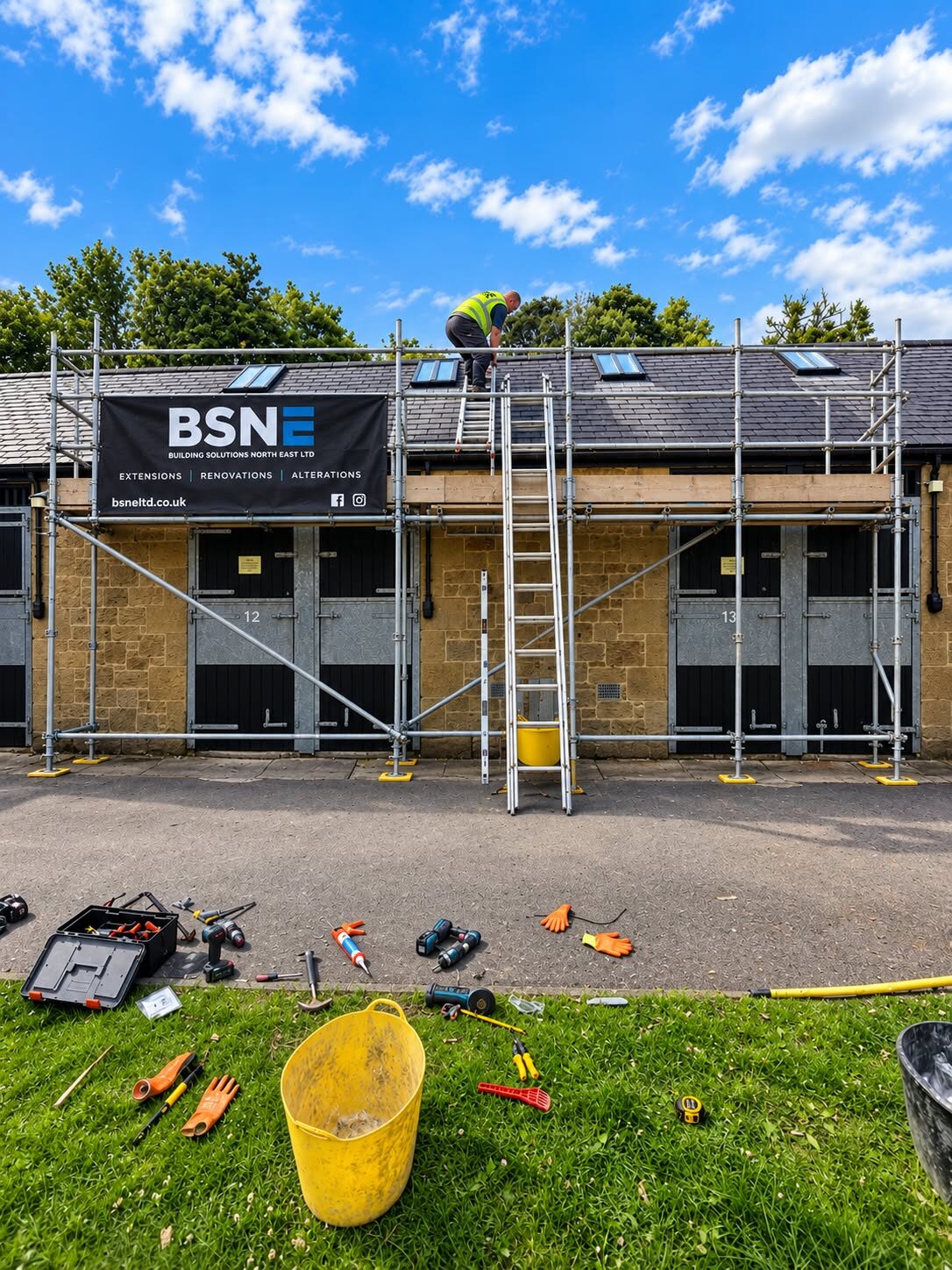 On site at Newcastle Racecourse, scaffold up.