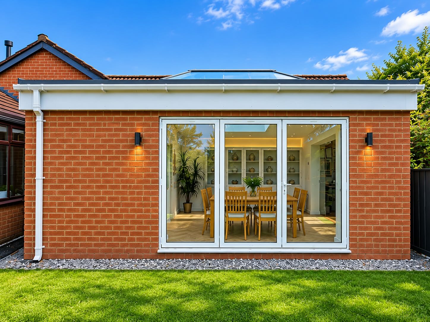 A rear extension in red brick with a lantern roof and bifold doors onto the lawn.