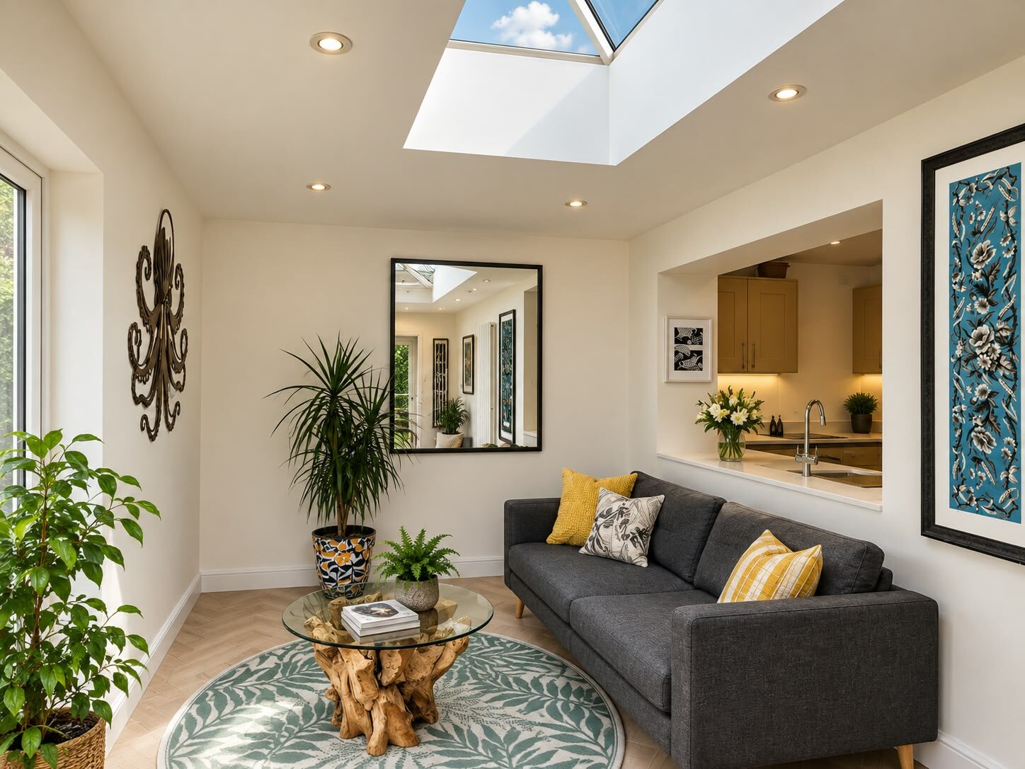 Inside the same extension, lit by the lantern roof and open through to the kitchen.